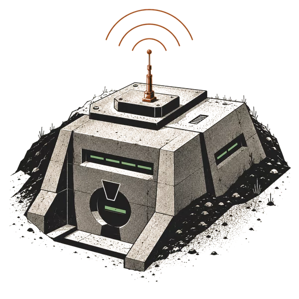 bunker — concrete homelab with antenna and three radio arcs
